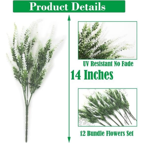 12 Bundles Artificial Lavender Flowers Outdoor UV Resistant Fake Flowers (White) - Picture 7 of 7